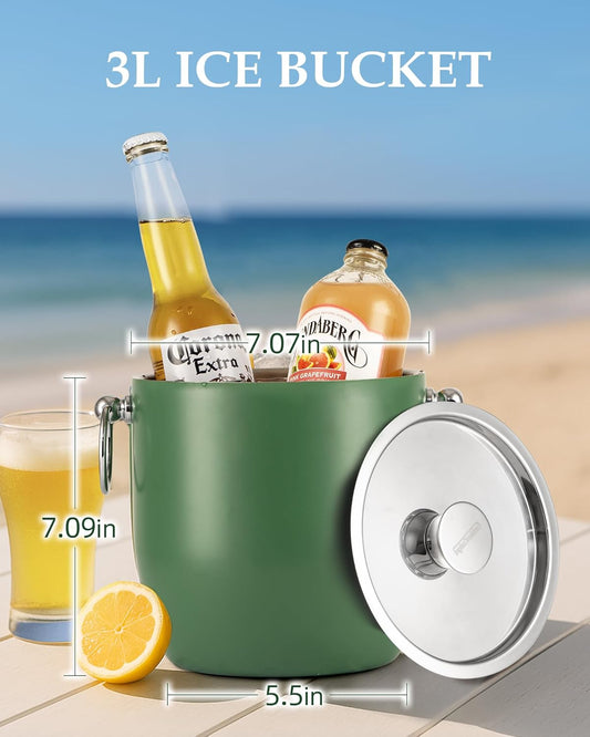Insulated Ice Bucket, 3L Double Wall Stainless Steel Ice Bucket with Tongs,Lid, Scoop and Strainer, Ice Buckets for Parties,Cocktail Bars, Chilling Beer, Champagne, Wine Bottles,Green