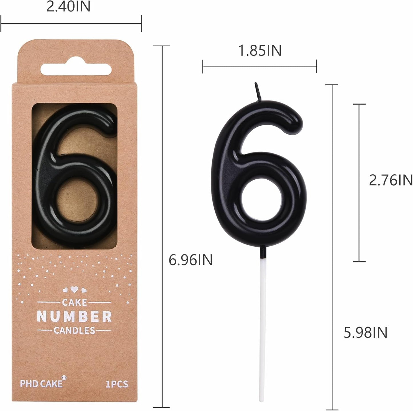 PHD Cake 2.76 inch Classical Black 6 Number Birthday Candles for Party Celebration