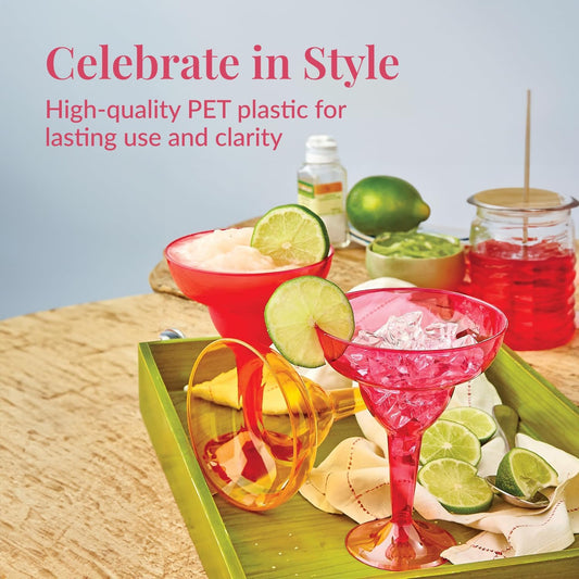 Prestee Multicolor Disposable 48 Plastic Margarita Glasses - 12 oz Hard Cocktail Cups for Cinco de Mayo Fiesta, Taco Party and Mexican Decorations - Fiesta Party Decorations - Large (Pack of 48)