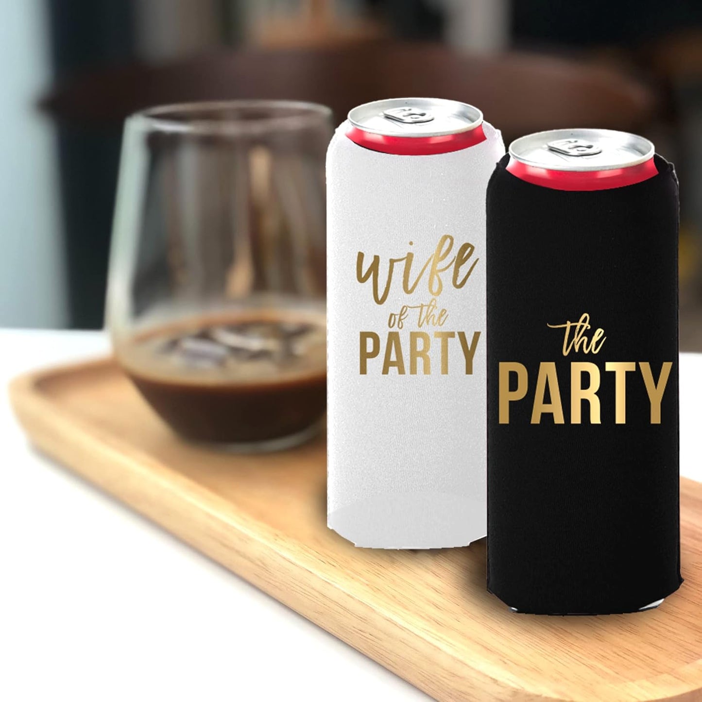 Wife of the Party and The Party Bachelorette Can Coolers - Set of 12, Perfect for Decorations and Bridesmaid Gifts (Black, Slim)