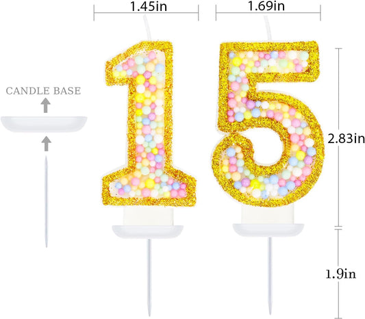 15th Birthday Candle for Cake, Colorful Macaron Numeral Candles for Girls/Boys, Birthday Party Cake Decorations, Golden Cake Topper for Birthday Party Supplies (Number 15)