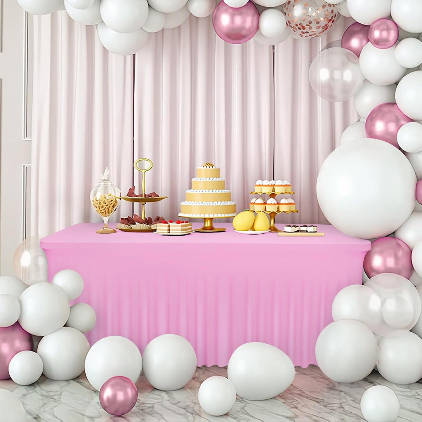 Table Skirts for 8ft Rectangle Tables - 1PCS Pink Table Covers for 8 Foot Tables, Wrinkle Resistant Ruffles Elastic Table Cloths and Table Skirt for Banquets/Weddings/Parties/Birthday