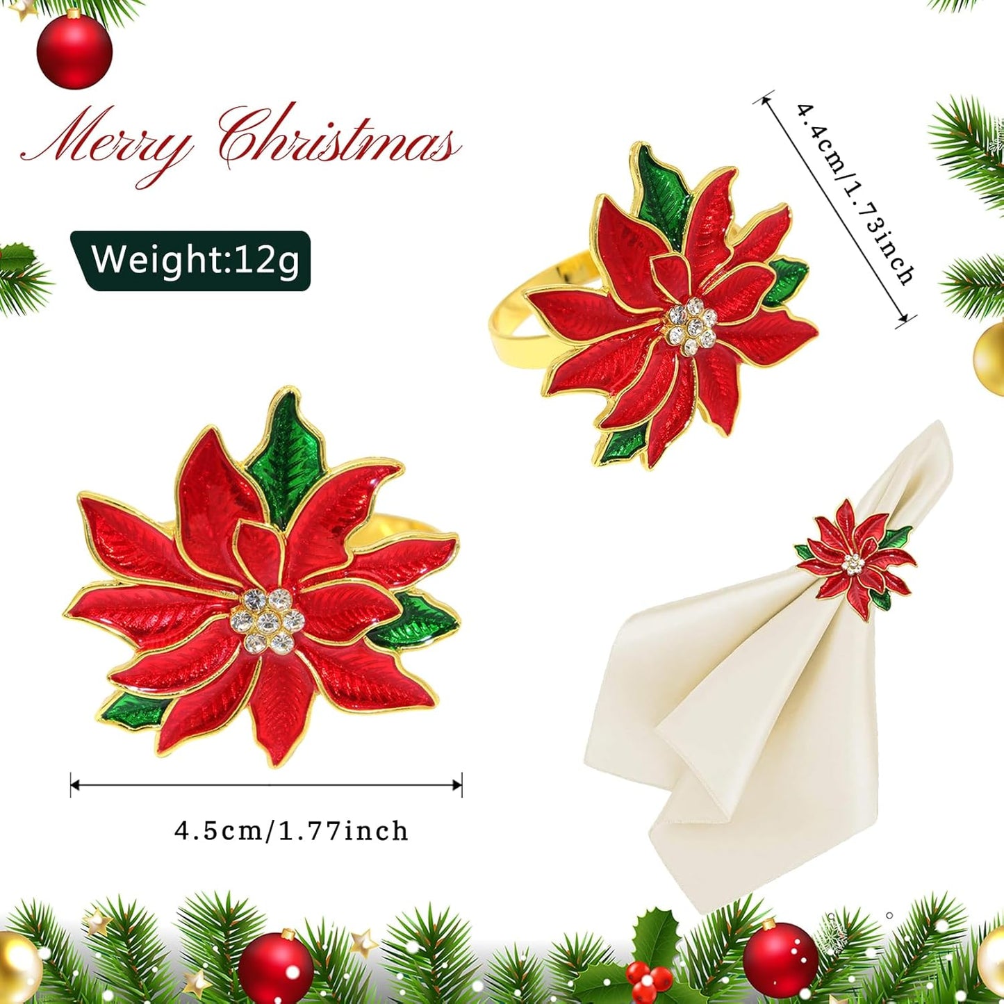 Christmas Poinsettia Flower Napkin Rings Set of 6 for Christmas New Year Valentine's Day Banquet,Red Floral Napkin Rings Holder for Wedding Anniversary Brithday Holiday Family Dinner Decor