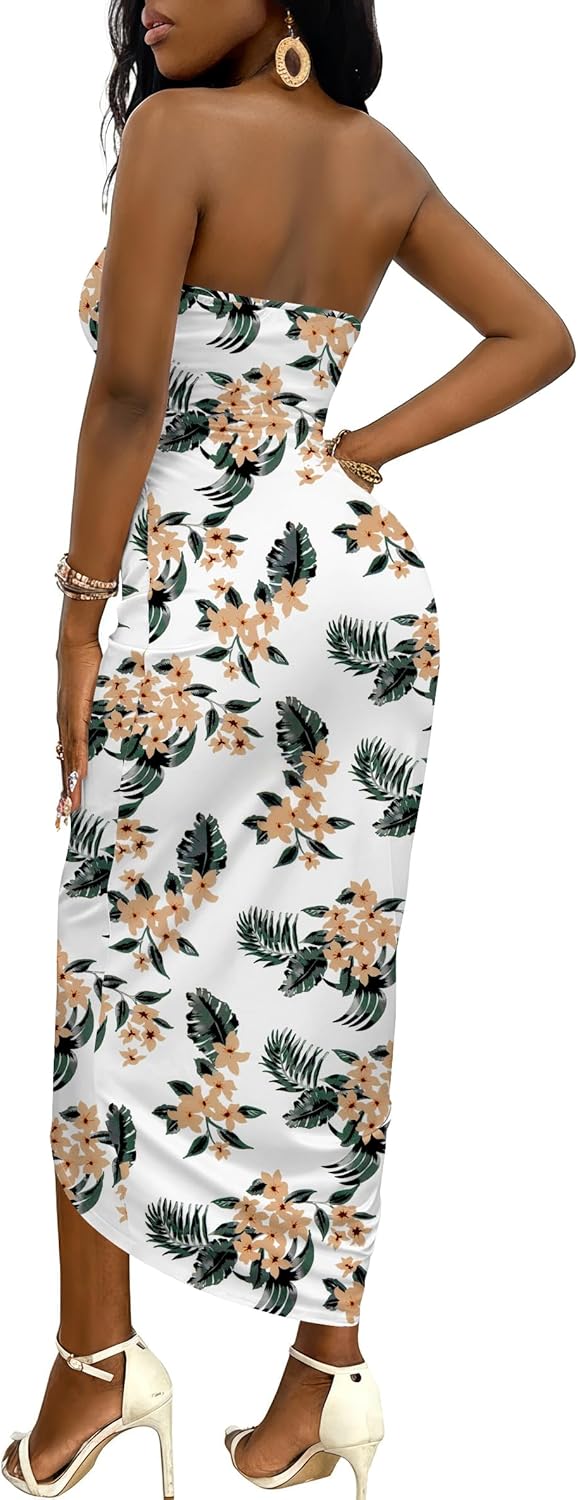 Umenlele Women's Strapless Ruched High Waist Wrap Split Asymmetrical Beach Maxi Long Dress
