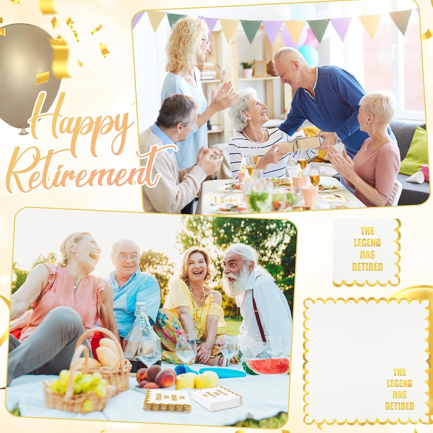 Happy Retirement Paper Napkins the Legend Has Retired Cocktail 5x5 Inches Disposable Gold Lace Napkins with Gold Foil for Party Decorations Supplies(50 Pcs)