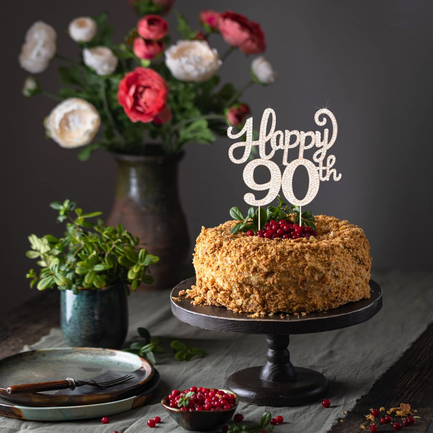 LASKYER Happy 90th Birthday Decorations,90th Birthday Gold Rhinestone Cake Topper - Cheers to Ninety Years Old Bday Party Metal Sparkly Cake Centerpieces Sign.