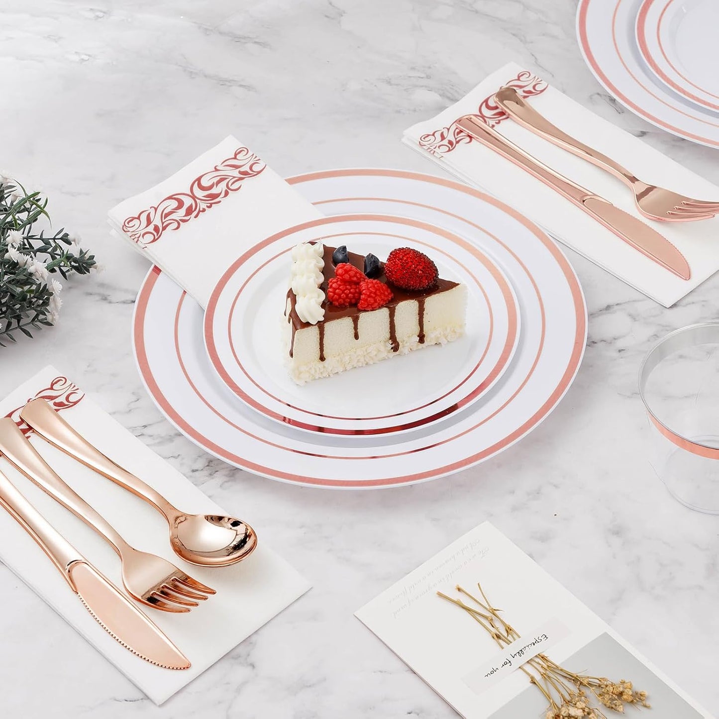 BESTVIP 700PCS Rose Gold Disposable Dinnerware Set for 100 Guests, Plastic Plates for Party, Wedding, Christmas, Halloween, Include: 200 Plastic Plates, 100 Gold Silverware, 100 Cups, 100 Napkins