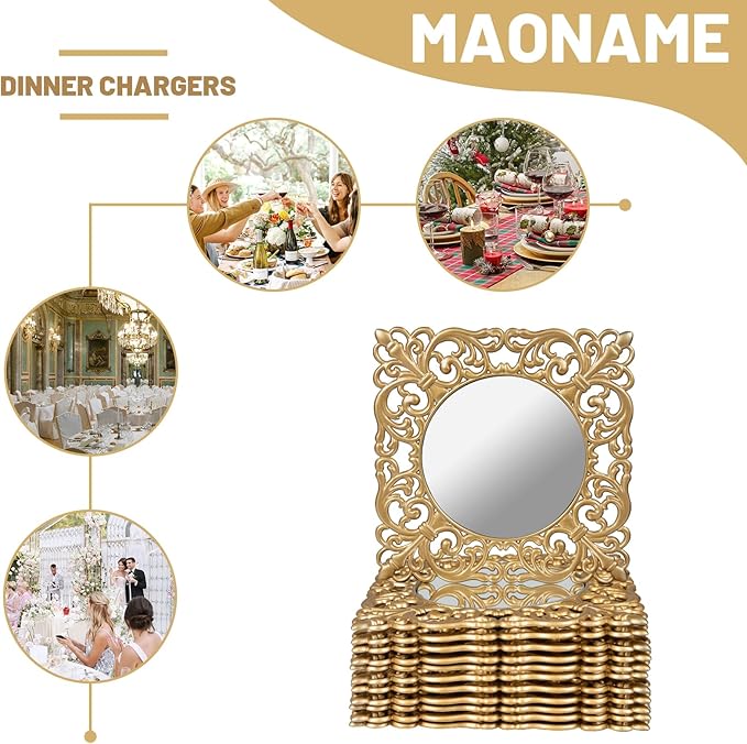 MAONAME 12" Gold Charger Plates Set of 12, Mirror Charger for Dinner Plates, Plastic Plate Chargers with Embossed Rims, Square Chargers for Table Setting, Wedding