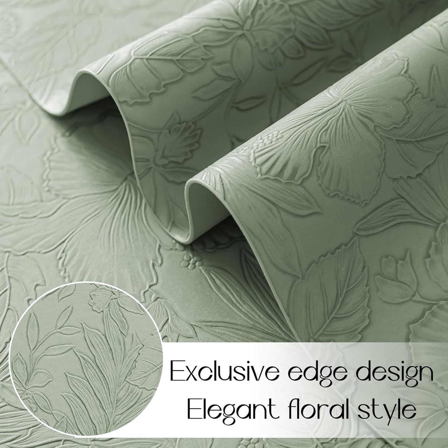 Romanstile Vinyl Placemats Set of 8-12 X 18 Inch - Heat Resistant Non-Slip Embossed Floral Place Mats 100% Waterproof Oilproof Wipeable Faux Leather Table Mats for Kitchen/Dining/Party, GrassGreen