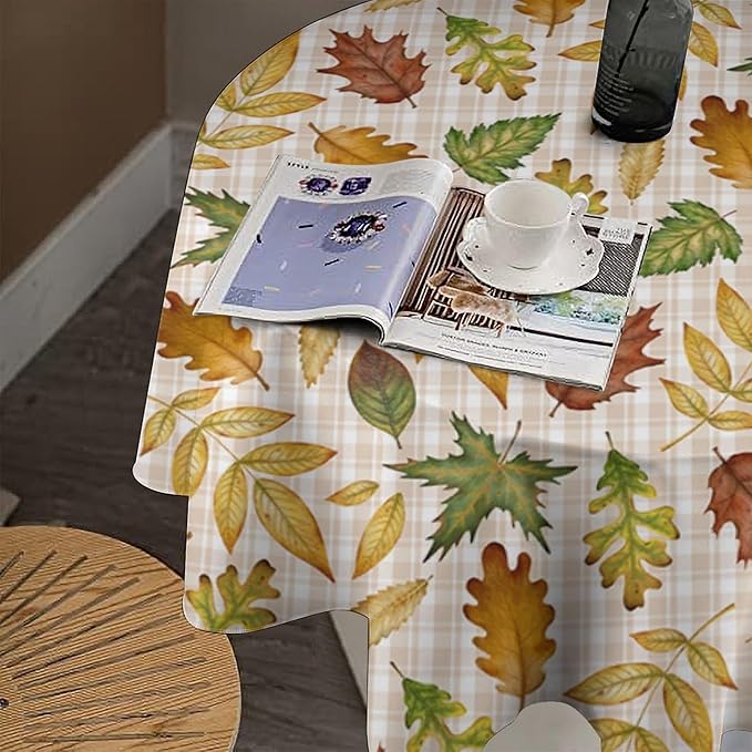 YCness Autumn Maple Leaves Tablecloth, Thanksgiving Autumn Harvest Watercolor Ginkgo Biloba Abstract Geometry Leaves Table Cover for Party Picnic Dinner Decor 60x60 Inch Round