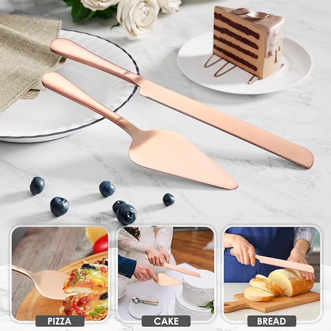 SANEXC Cake Cutting Set for Wedding - Extended Cake Knife And Server Set Thickened Stainless Steel Cake Cutter and Pie Spatula Great for Birthday Anniversary Christmas Gift Rose Gold 2 Pcs