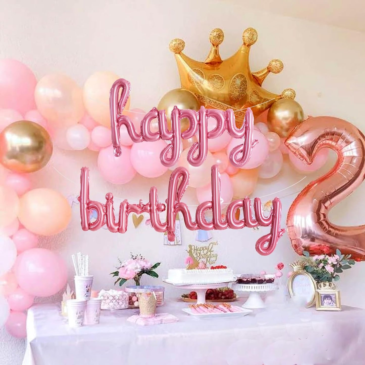TONIFUL Pink Happy Birthday Balloons 16 Inch Pink Mylar Foil Script/Cursive Letters Balloons Sign Banner Reusable Material for Girls Boys Kids & Adults Birthday Decorations