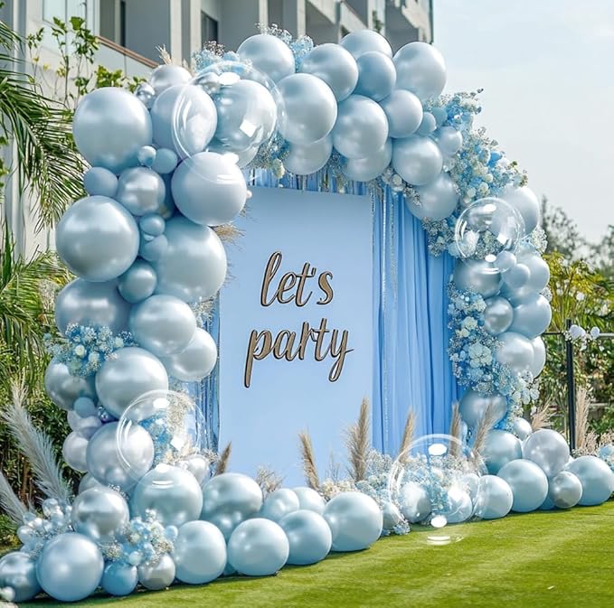Pearl Blue Balloon Arch Double Stuffed Pastel Light Baby Blue Balloon Garland Kit Different Sizes With Clear Balloons for Birthday Wedding Bridal Baby Shower Anniversary Engagement Party Decor