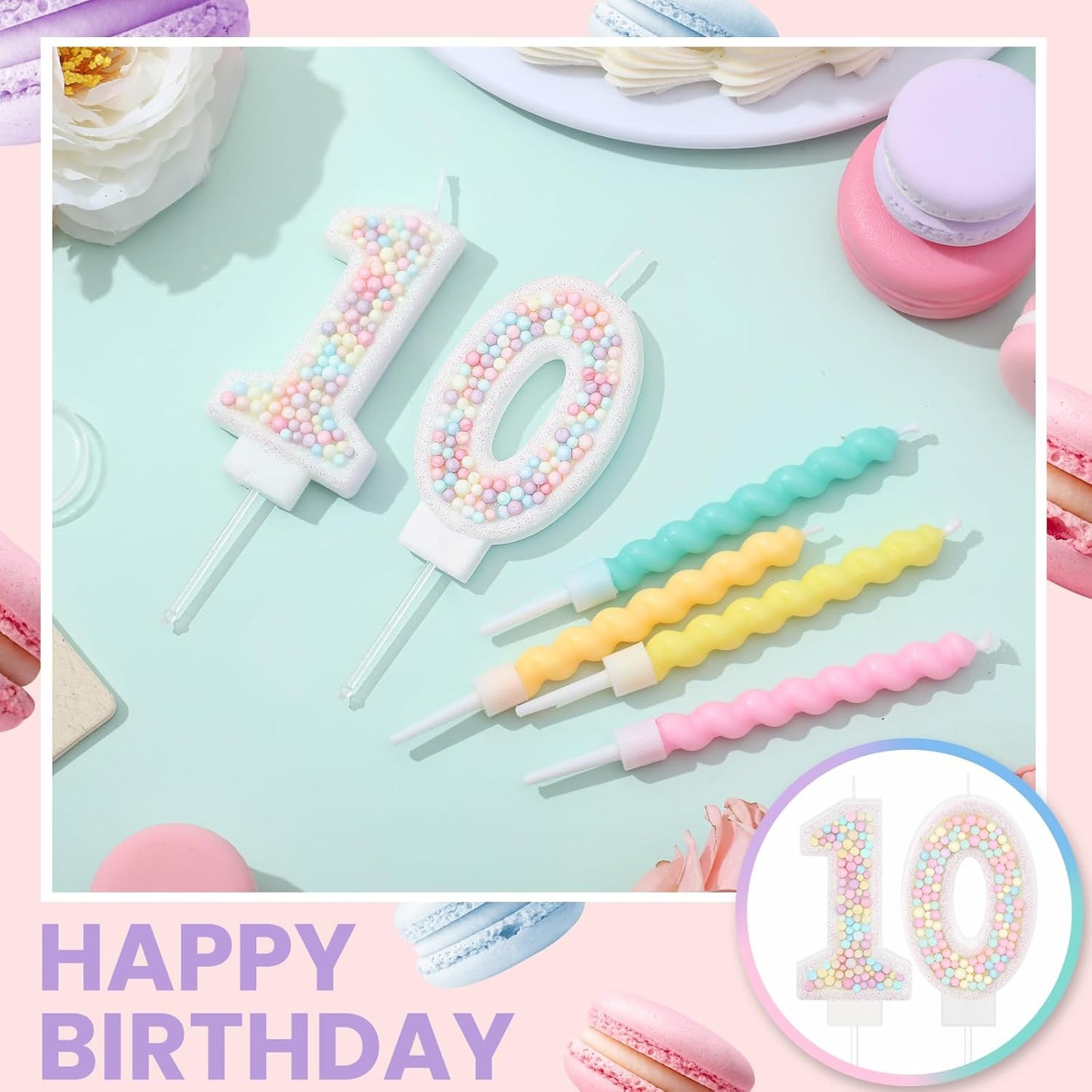 MTLEE Number 10 Birthday Candle with 12 Pcs Spiral Candles for Girls Macaron Pastel Rainbow Unicorn Pink Cake Topper for Sweet Theme Party Decoration