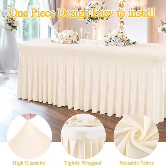Ivory Spandex Table Covers 8ft, 6 Packs Fitted Table Covers for 8 Foot Tables Stretch Spandex Table Skirts Rectangle Tables for Event, Wedding, Banquet & Parties