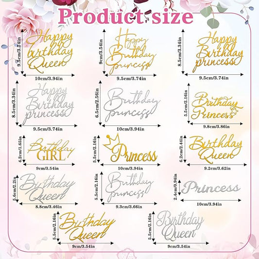 14pcs Birthday Queen Cake Topper Acrylic Gold Happy Birthday Queen Cake Topper for Women Queens Birthdays Decorations Cakes Decoration for Women Girls Valentine's Day Mother's Day