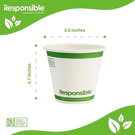 Responsible Products 8 oz Paper Hot Cups (Squat), Tree-Less™ Compostable Paper Coffee Cups, Extra Strength, Tree-Free and Made Without PFAS, White (1000 Count)