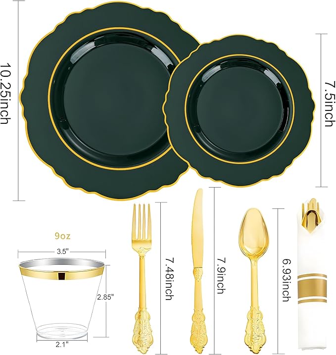 Liacere 175PCS Green Plastic Plates - Christmas Green Disposable With Gold Rim - 25Guest Baroque Plastic Dinnerware include 50Plates-25Pcs Pre Rolled Napkins with Silverware 25Cups for Party & Wedding
