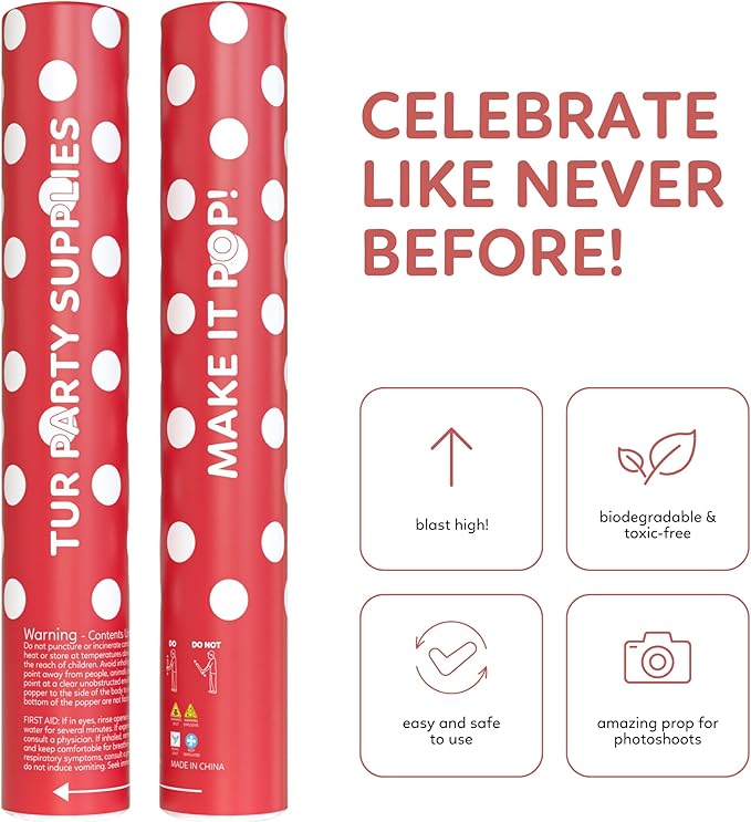 Red Powder Cannons Smoke Bombs Biodegradable Poppers | 2 Pack | Launch up to 25 ft | 12 inch | Decorations For Photoshoots, Gender Reveal, Celebrations, Festivals, and Parties | TUR Party Supplies