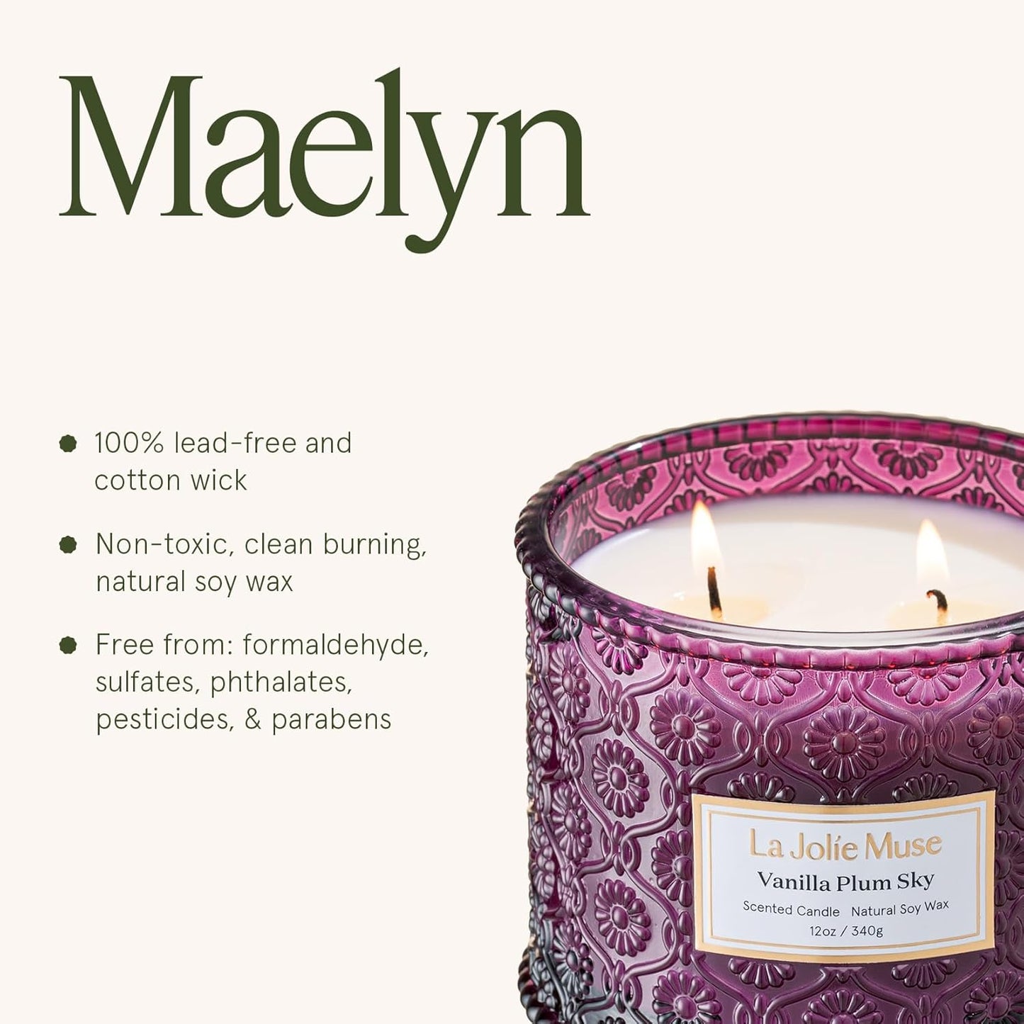 LA JOLIE MUSE Vanilla Plum Sky Candle - Coconut, Vanilla, Plum | 12 oz Large 2-Wick Soy Wax Candle | 60 Hours Clean Burn | Gift-Ready for Hosts & Gatherings | Elegant Home Decor