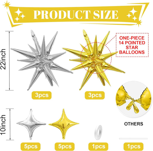 Gold Silver Star Balloons,Explosion Star Balloons Kit with 6Pcs 22Inch Cone Star Foil Balloons and 10Pcs 10Inch Four Pointed Star Balloons for Birthday Anniversary Disco Party Decorations