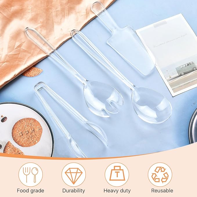 Boocalny 24 Pcs Plastic Serving Utensils, Clear Disposable Utensils,6 Pcs Each 9.7" Serving Spoons, 9.7" Forks, 6.3" Tongs and 7" Cake Cutter,Plastic Buffet Cutlery Set for Serving Food Birthday Party