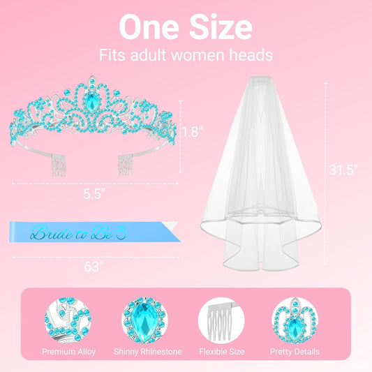 3Pcs Bride to Be Crown with Sash and Veil for Bachelorette Party Decorations, Bridal Shower Accessories for Gift, Favors