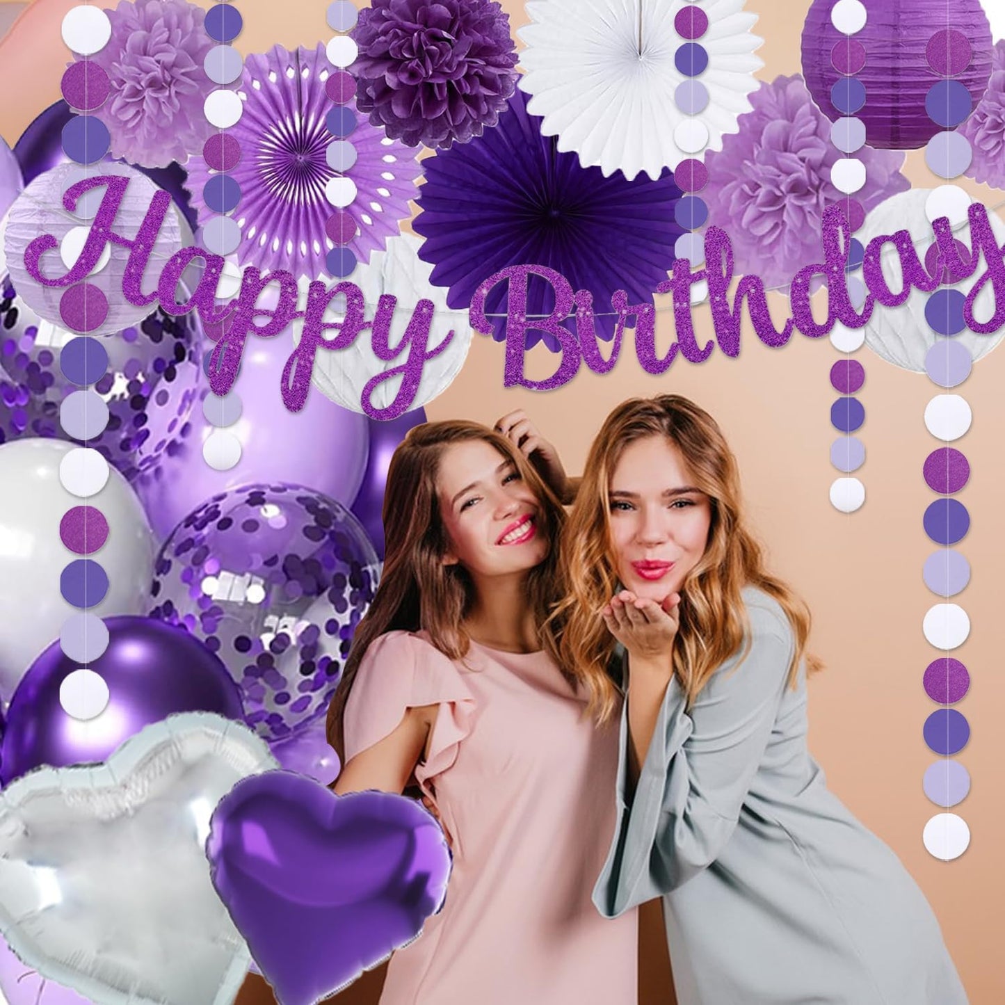 Purple Birthday Decorations for Women Girls,Happy Banner,Lilac Paper Lanterns Tissue Pom Poms Flower Fan,Purple White Balloon Décor For 40th 50th Anniversary Princess Backdrop Party Supplies