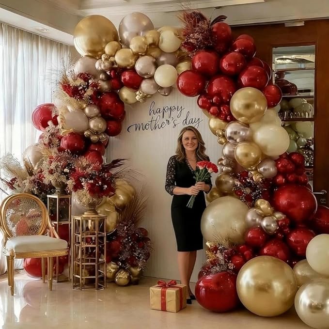Burgundy Gold Balloon Garland Double Stuffed Dark Red Rose Gold Maroon Champagne Balloon Arch Kit for Mother's Day Wedding Birthday Bridal Graduation Anniversary Party Decorations
