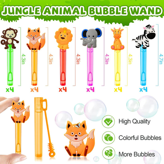 Winrayk Safari Party Favors, 24Pcs Jungle Animals Mini Bubble Wands for Kids Bubbles Bulk with Detachable Topper (6 Styles & Colors), Birthday Goodie Bag Stuffer Classroom Prizes Wild One Party Favors
