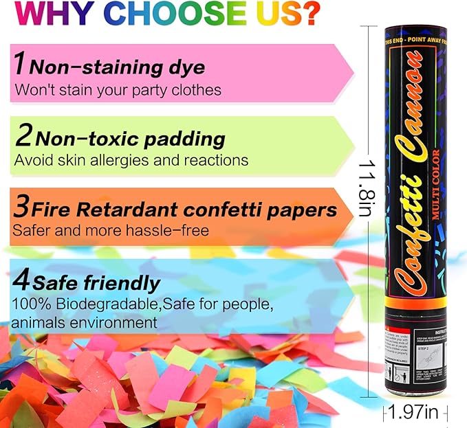 FIEKEICC Confetti Cannon Multicolor 12 Pack Biodegradable Confetti Popper Party Confetti Shooters12 Inch Confetti Popper Cannons Confetti Poppers for Wedding,Birthday,Graduation, New Years Celebration