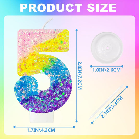 Birthday Candles Pastel Macaron Glitter 3D Rainbow Number Candles for Birthday Cake Girls Women Sweet Theme Birthday Wedding Anniversary Party Cake Decoration (Number 5)