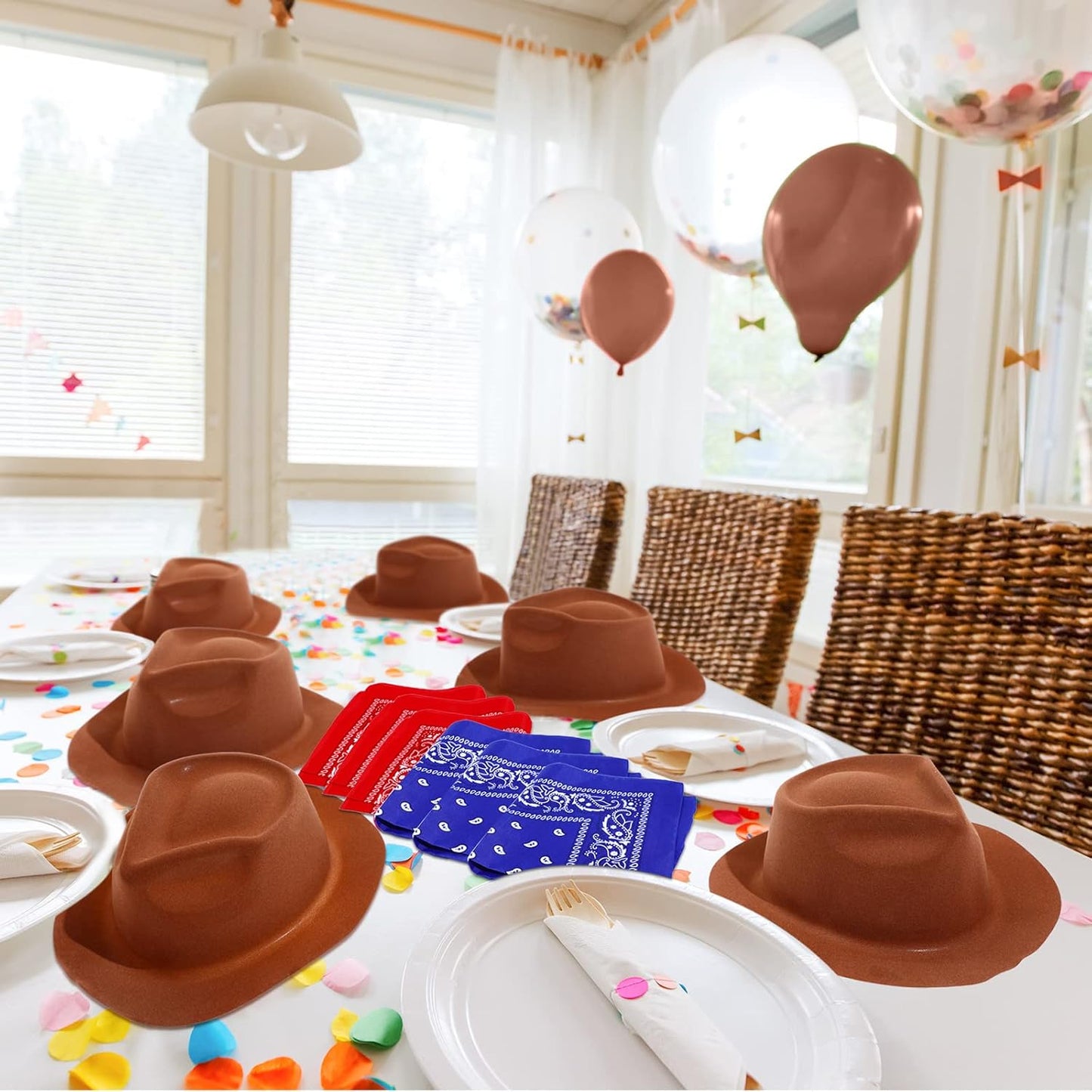 Hillban 72 Pcs Western Cowboy Hat and Paisley Bandana Set for Kids Felt Cowboy Party Hats for Costume Party Favors(Brown)