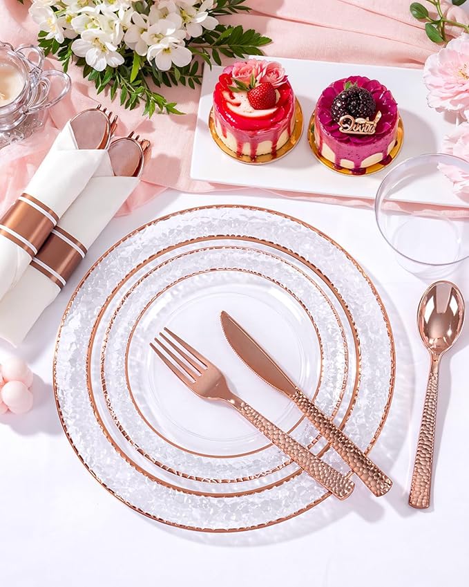 Ciaell 350PCS Rose Gold Plastic Plates - Clear Rose Gold Disposable Plates with Plastic Silverware include 100Plates, 150Silverware, 50Cups, 50Napkins for Wedding & Party & Easter