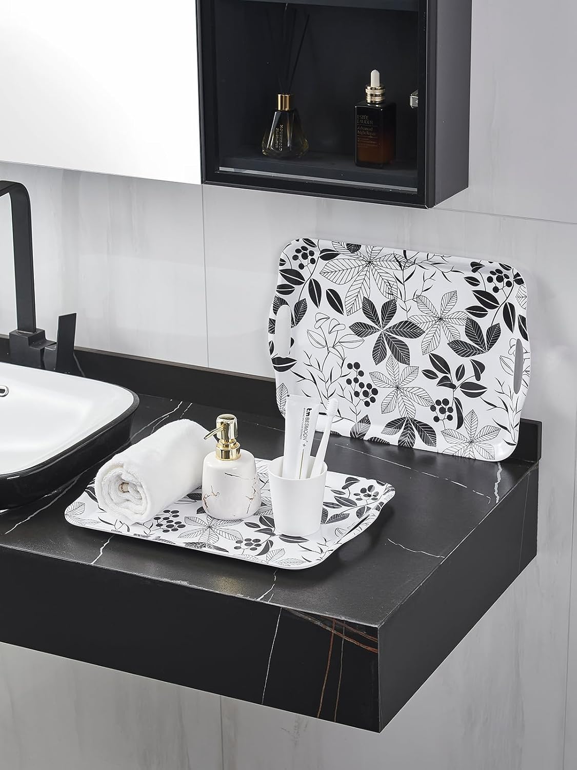Blue Boat 16.5" x 11.5" Rectangular Melamine Serving Tray Set of 2 Black Leaves, Light Weight Easy to Clean Sturdy Stackable Serving Tray with Handle, Fruit, Snacks, and Desserts Trays, TV Trays