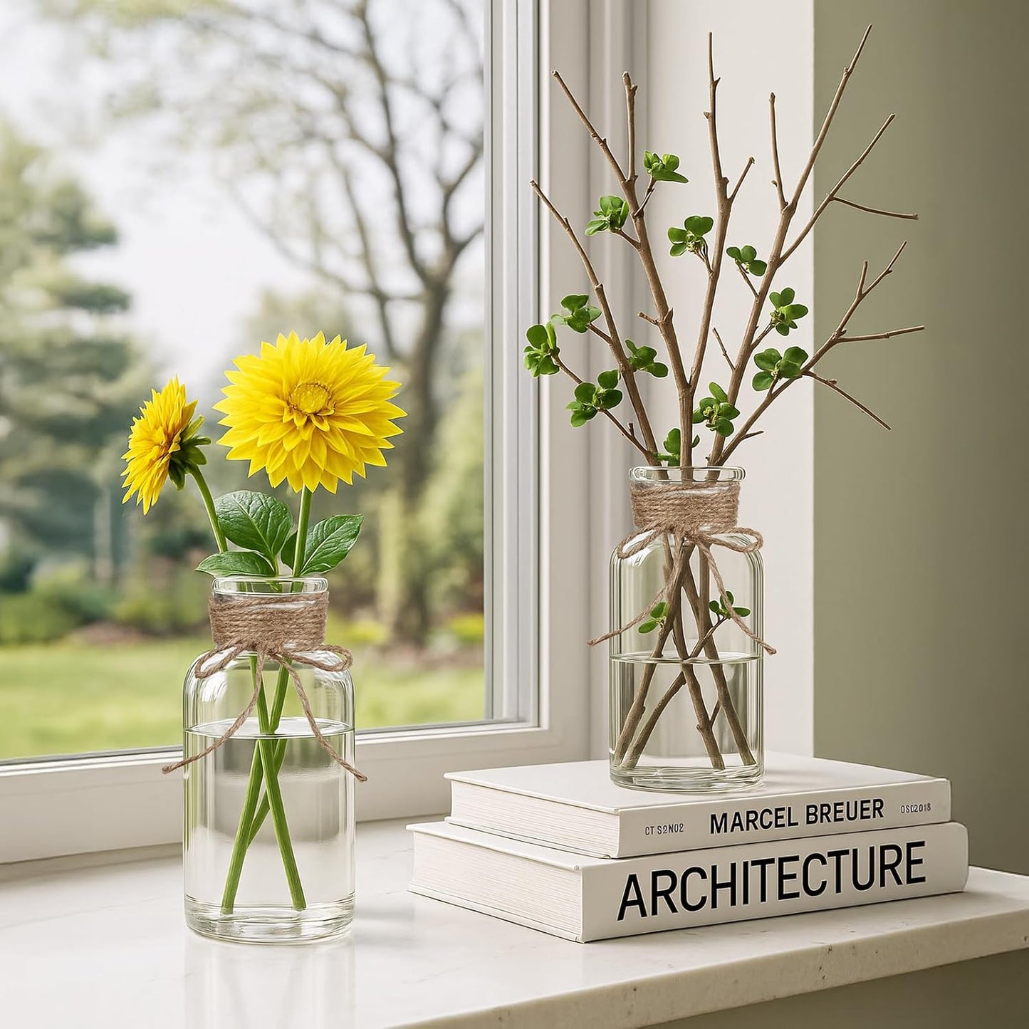 Vintage Glass Flower Vase Set of 8 Clear Vases with Hemp Rope for Farmhouse Wedding Centerpiece Cylinder Bottle for Reception Table Decoration Home Decor Floral Arrangements(Medium)