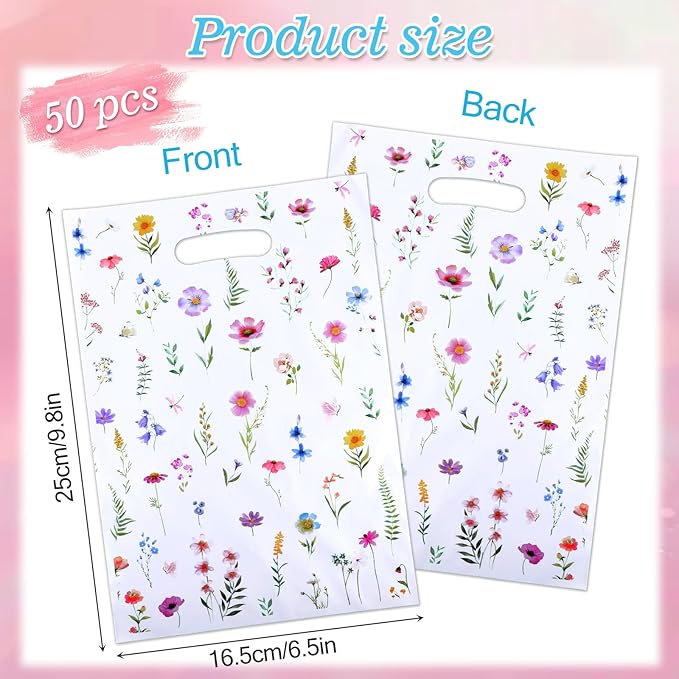HJZHII 50 Pcs Party Favor Bags, Floral Bags Gift Bag Wildflower Print Treat Bag Multicolor Flowers with Handle for Wedding Candy Birthday Baby Bridal Shower Party Decorations Supplies