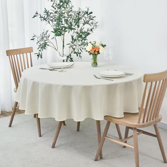 maxmill Round Weaved Texture Design Tablecloth Spill-Proof Wrinkle Free Soft Washable Table Cloth for Circular Table Cover, for Dining Room Buffet Banquet Parties Holiday Dinner, 90 Inch Ivory