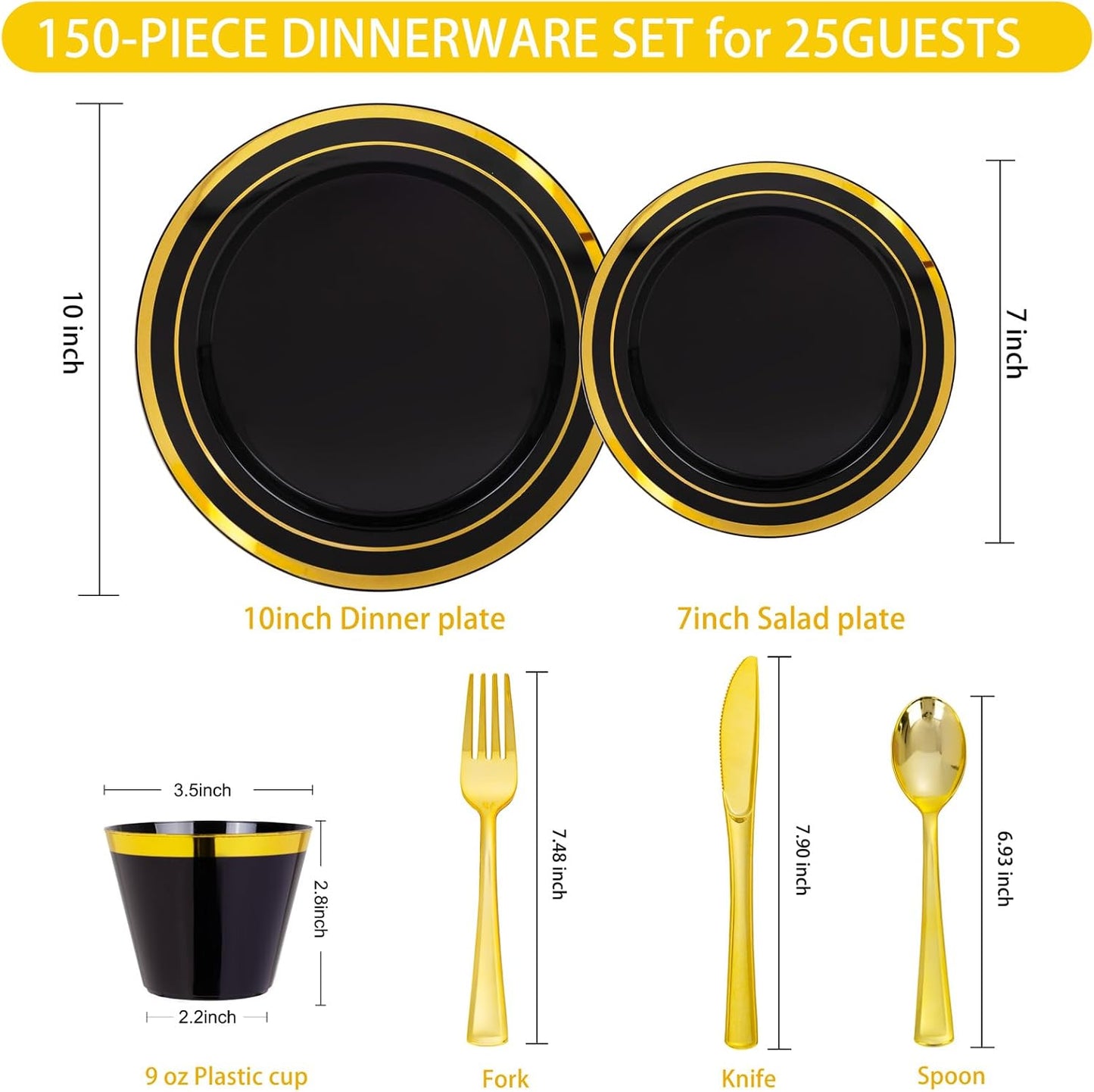 WELLIFE 150 PCS Black and Gold Disposable Dinnerware Set, Plastic Plates for Party, Including 25 Dinner Salad Plates, Cups, Forks Knives Spoons for Halloween and Party Supplies