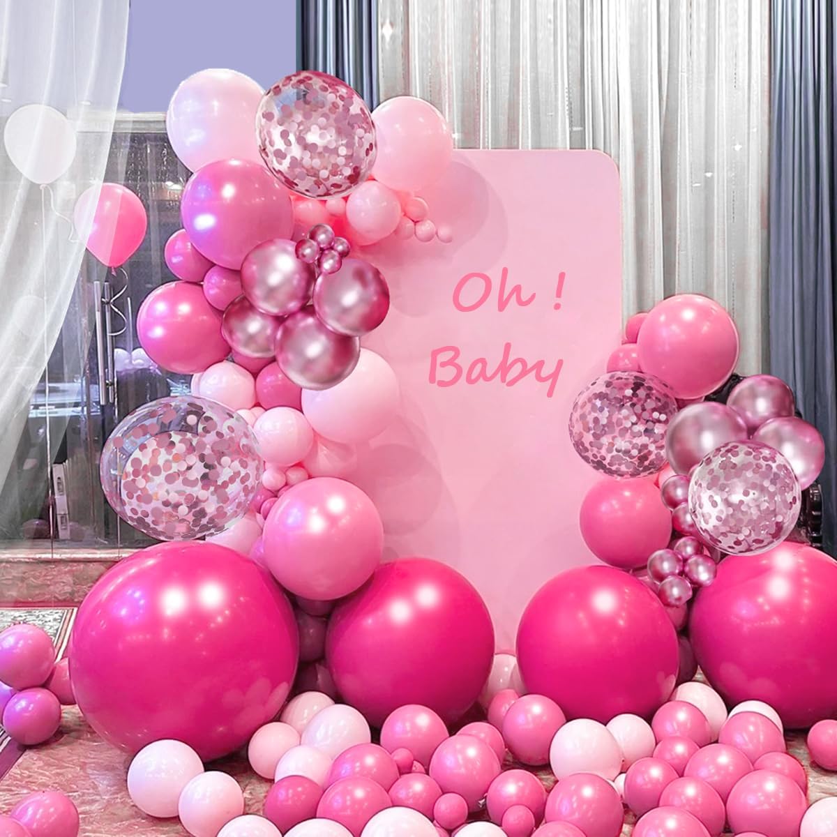 Pink Balloon Arch Kit, 146 PCS Hot Pink Light Pastel Pink Metallic Balloons Garland with Confetti for Bridal Baby Shower Birthday Princess Wedding Party Decorations