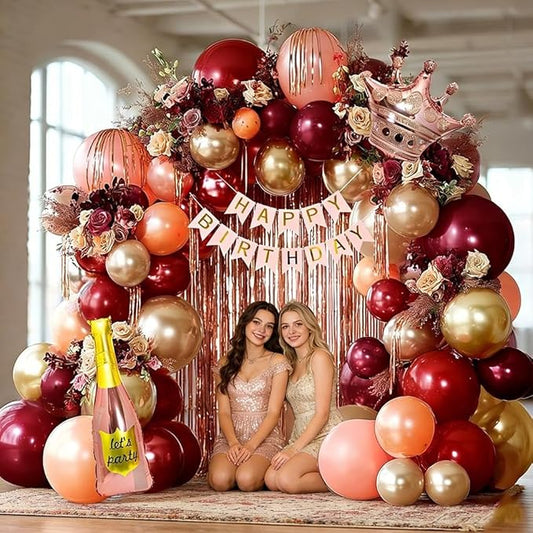 Burgundy Birthday Decorations, Double Stuffed Maroon Red Pink Gold Pearl Balloons Happy Birthday Banner Fringe Curtain Foil Balloons for Women Girls Birthday Mother's Day Bridal Shower Party Supplies