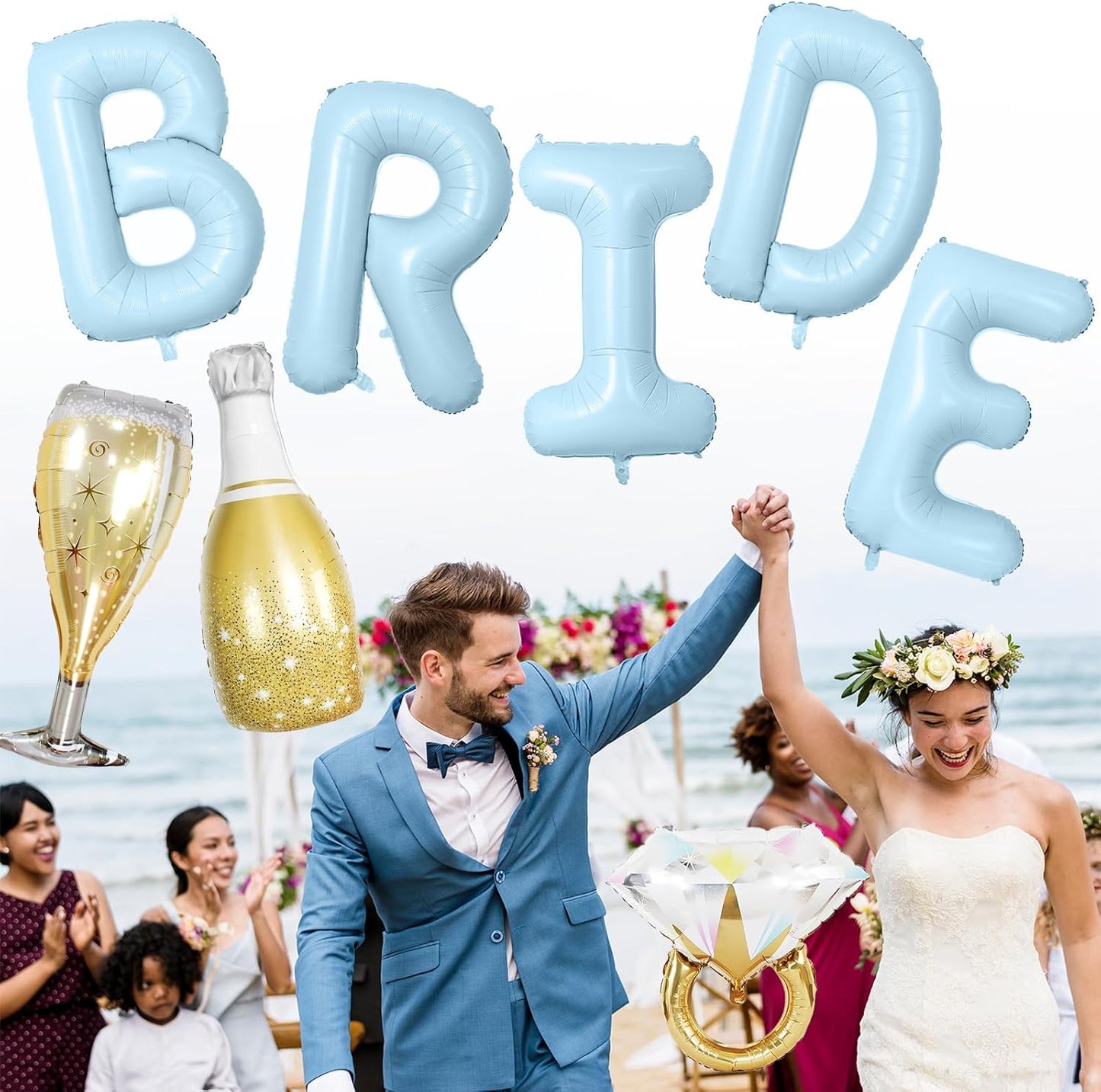 40inch Bride Balloons Baby Blue Letters Banner, Bachelorette Party Decorations Set with Diamond Ring Champagne Bottle Balloon Glass Foil Balloon for Bachelorette Engagement Wedding Bridal Shower Decor