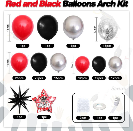 Red and Black Balloon Arch Kit, Red Black Silver Balloons Garland Arch Kit, Star Foil Balloons, Silver Confetti Balloon For Graduation Birthday Anniversary Engagement Party Wedding Decorations
