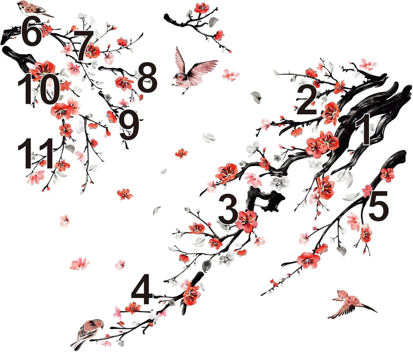 wondever Watercolor Flower Tree Branch Wall Stickers Blossom Red Floral Birds Peel and Stick Wall Art Decals for Living Room Bedroom