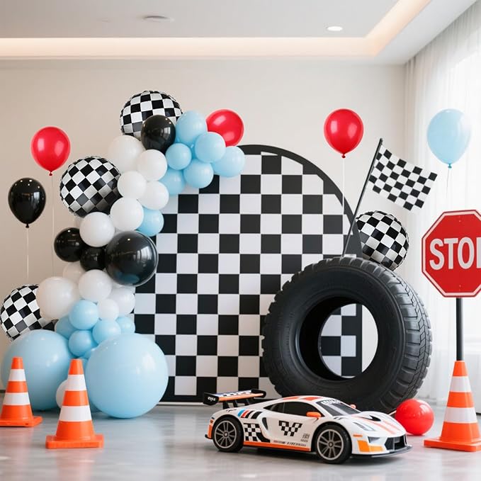 Race Car Balloon Bundle 20 Pcs Checkered Balloons Latex Balloon Blue Red Black Boy One Happy 1st 2nd Vintage Fast One Two Fast Theme Race Car Birthday Party Decor Supplies Kit
