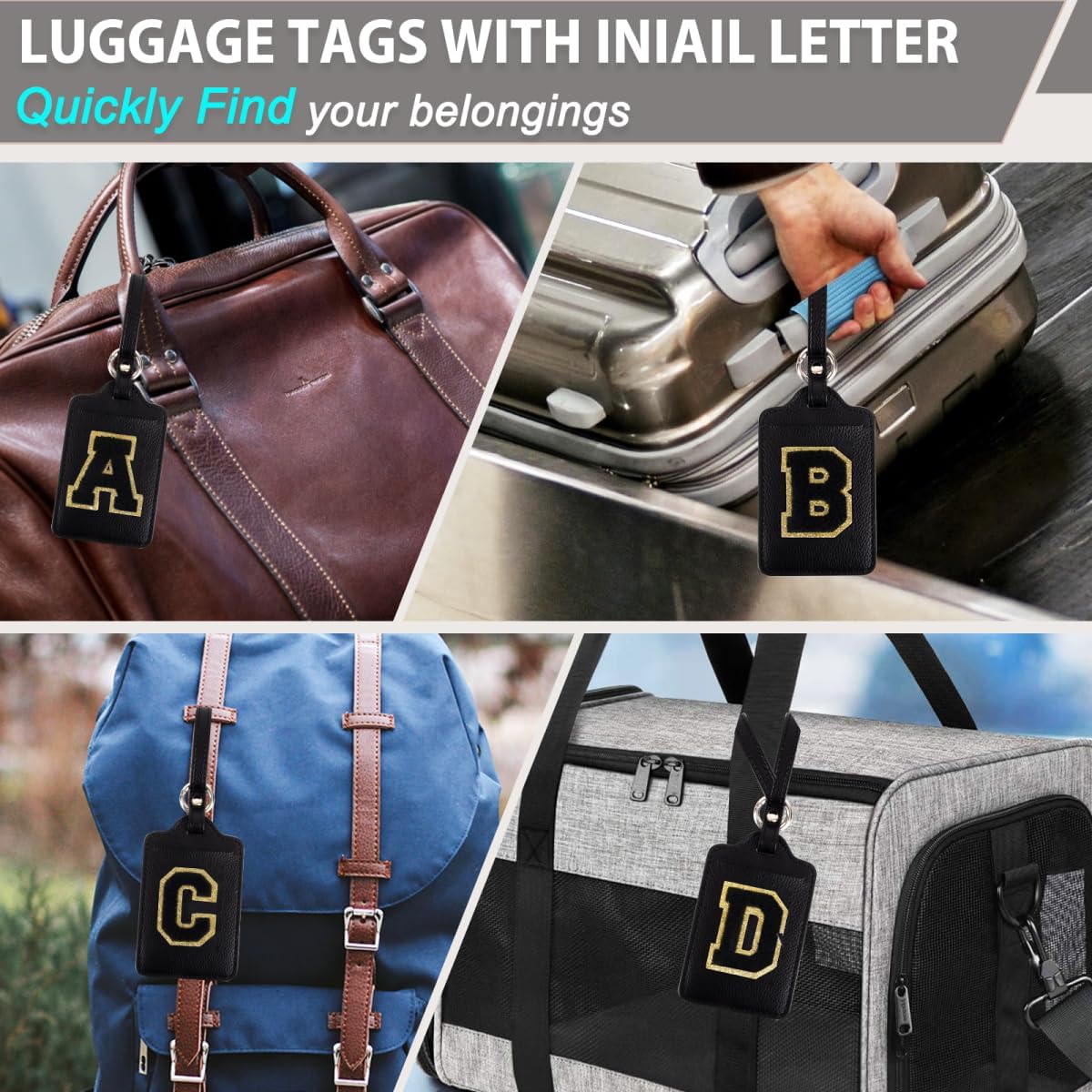 Personalized Initial Luggage Tags for Suitcases, Leather Chenille Letter Cute Luggage Tags with Privacy Name Card, Embroidered Travel Bag Backpack Tags Gifts for Women Kids Girls Teens(Black-V)
