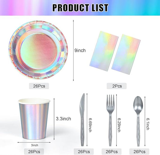 Iridescent Party Decorations,132 Pcs Disposable Iridescent Party Plates Cups Knives Spoons Forks for Party Supplies Birthday Wedding Outdoor Picnic,Disposable Plastic Tablecloths for Home Dinner Decor