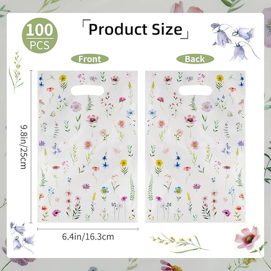 ARPOVIST 100 Pcs Small Wildflower Gift Bags,9.8" x 6.5" Floral Plastic Goody Bags with Handles for Baby Shower, Birthday, Wedding, Spring & Summer Party Favors, Candy Treat Bags Bulk