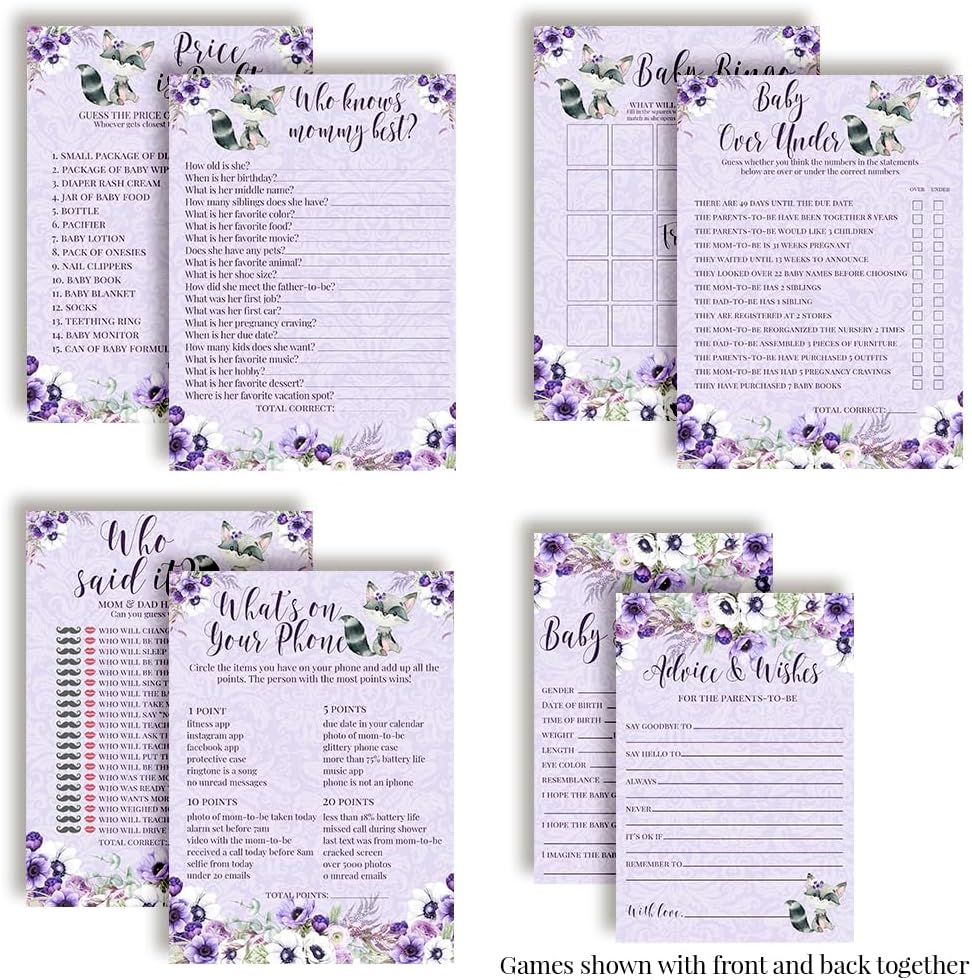 Amanda Creation Baby Shower Games 8 Game Set Purple Little Rascal Cute Raccoon Girl 80 Double-Sided Cards for 20 Guests. Baby Shower Bingo, Baby Predictions & Activities for Guests. Theme for Girl
