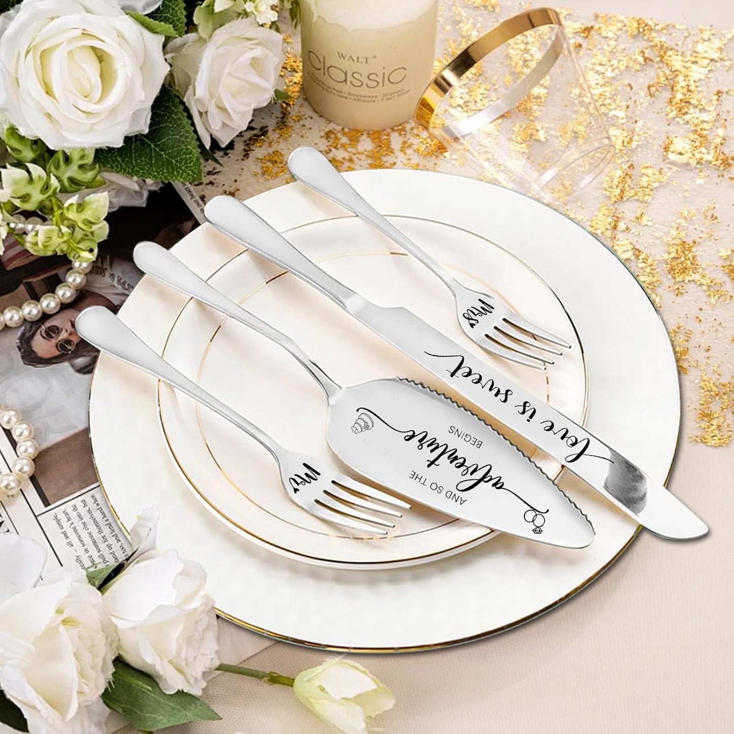 Engraved Wedding Cake Knife and Server Set, Silver Wedding Cake Cutting Set, 4 Pcs Includes Mr and Mrs Forks, Funny Engagements Gifts for Couple